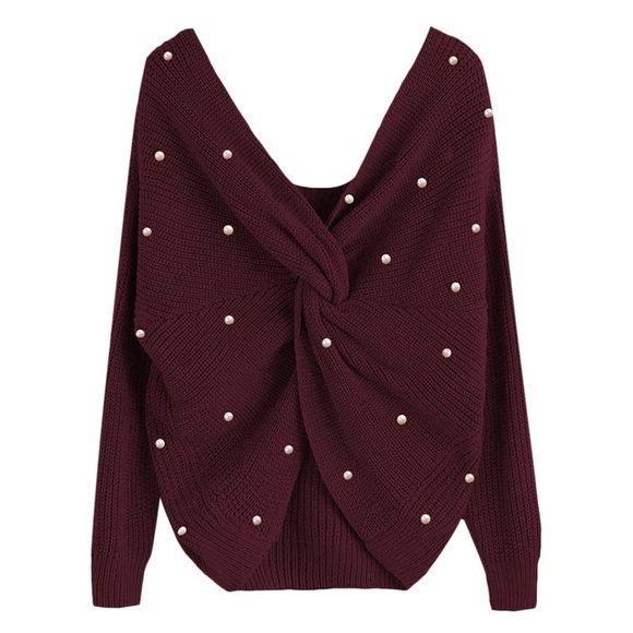 💕Super Cute Wine Pearl Twist Cross Sweater - Picture 2 of 6
